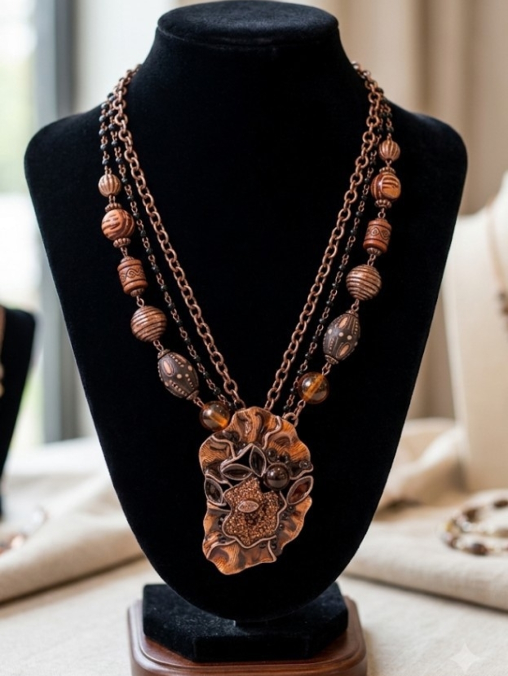 Handcrafted Vintage RARE Brown/Bronze Floral Pendant Necklace NWT   17"-22"